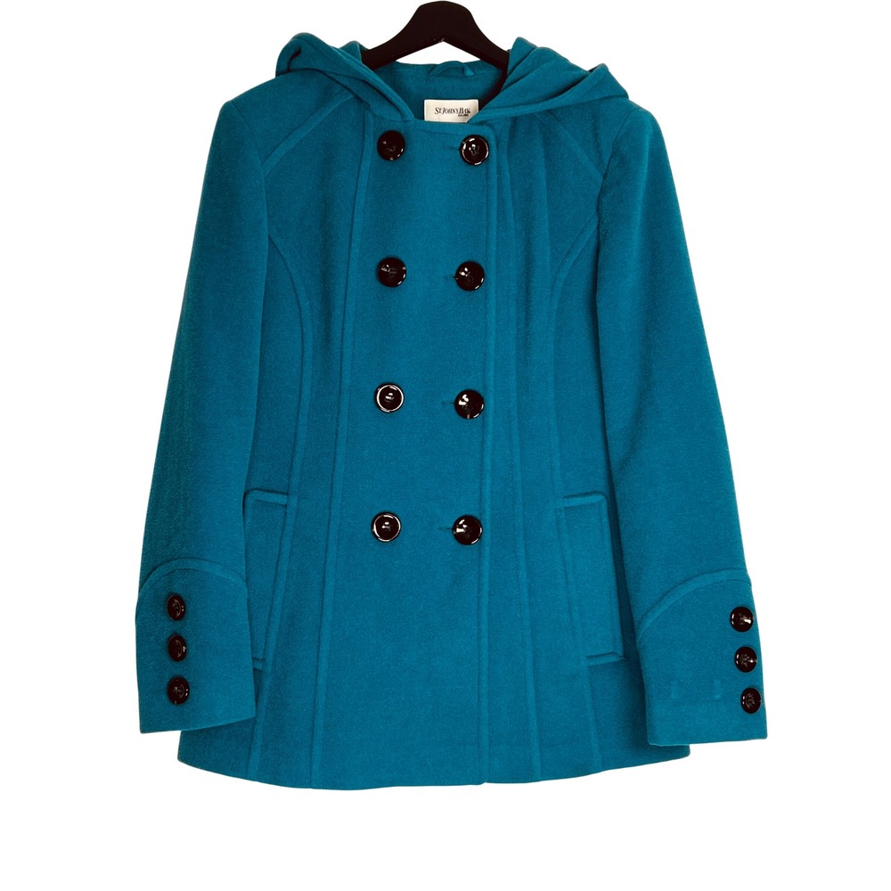 St. Johns Bay Teal Wool Cashmere Blend Hooded Double Breasted Peacoat Medium